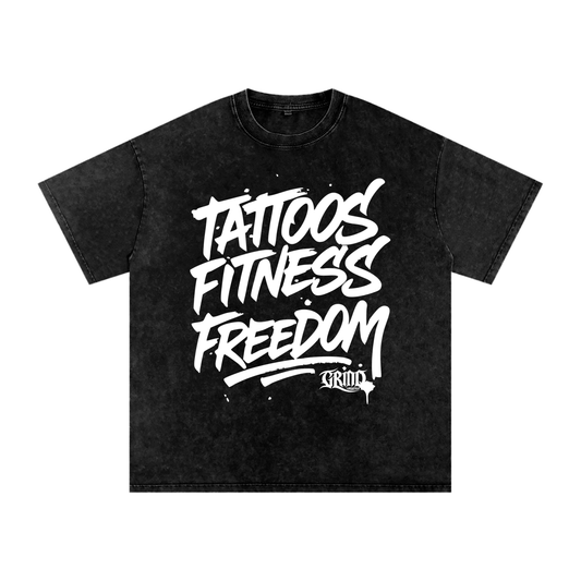 Tattoos, Fitness, Freedom Acid Wash Oversize T-Shirt